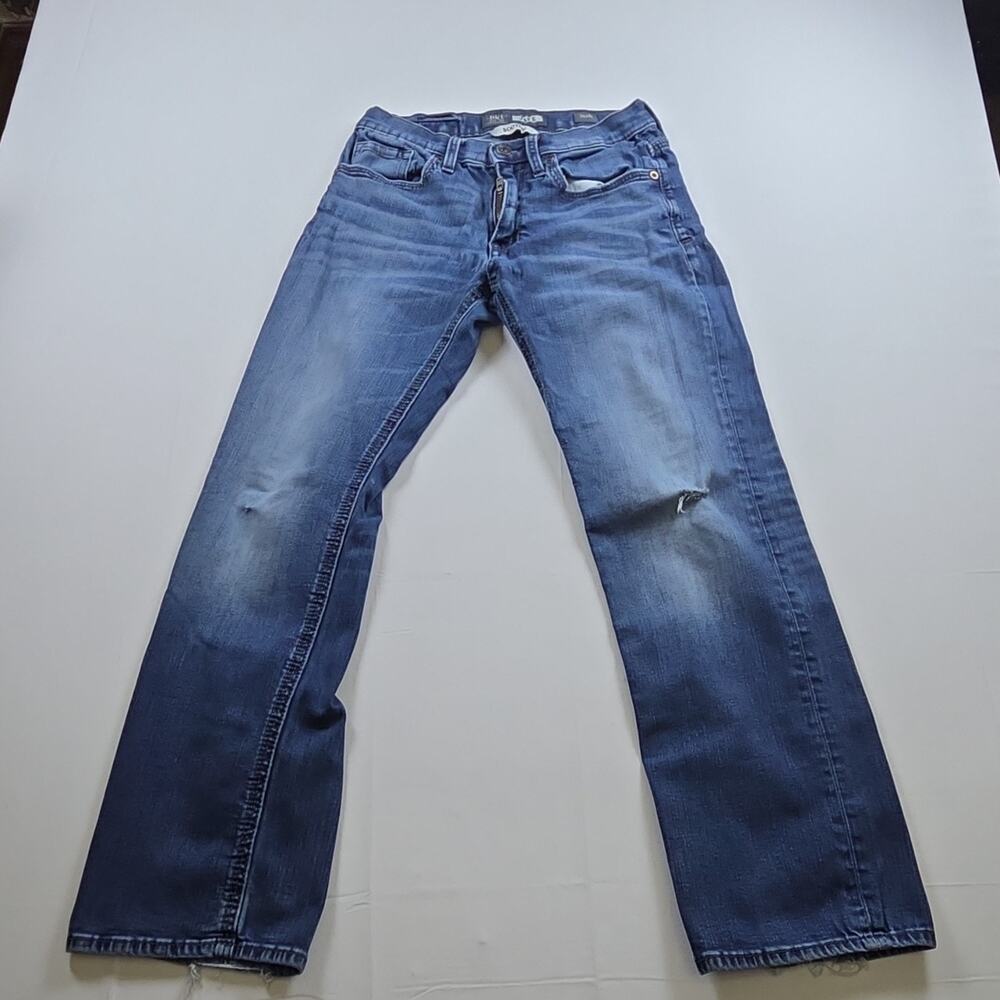 BKE Bootcut Blue Denim Jeans, Distressed, Button Zip Closure, 5-Pocket Design